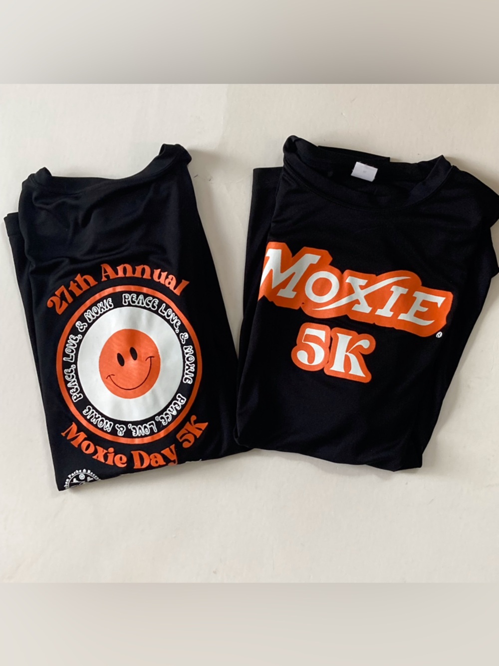 Lot of 2 Moxie 5K Performance Tee Shirts, Sz Med, Peace, Love, & Moxie, Maine